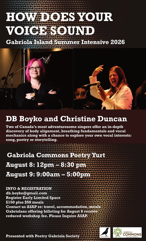 Poster announcing Summer Voice Intensive, with DB Boyko and Christine Duncan, August 8-9 on Gabriola Island